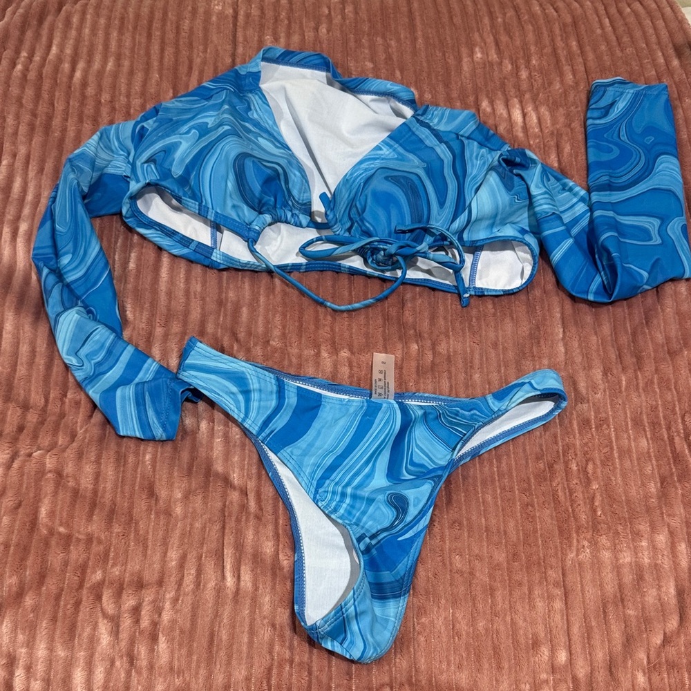 Blue Marble Long Sleeve Bikini Set